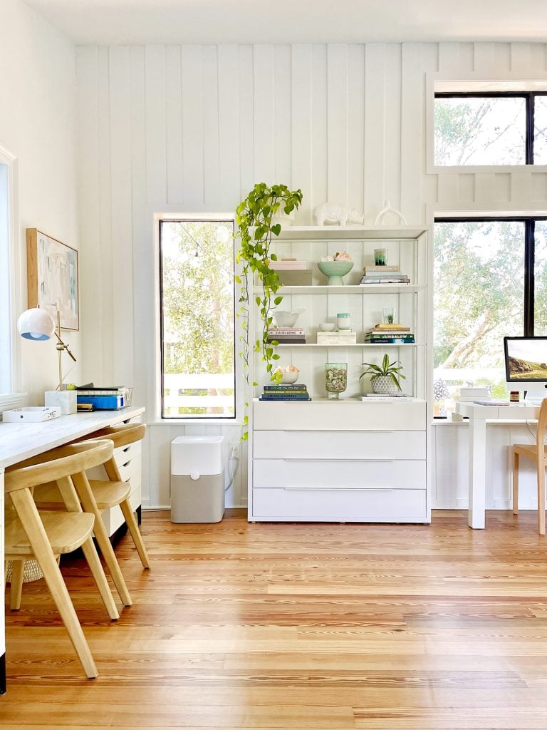 family-room-wide-bookcase-desk-shot-768x1024-1 Ikea Fjalkinge Bookcase In Modern White Family Room With Paneling And Kids Art Desk