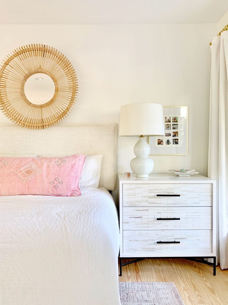 fireplace-headboard-right-side-vertical-768x1024-1 Linen headboard on bed with white bedding and inlay dresser as nightstand