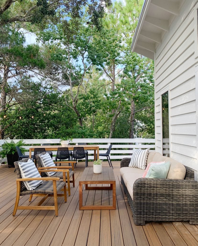 florida-deck-seating-dining-vertical-828x1024-1 Deck Seating Area With Outdoor Couch Table And Two Woven Lounge Chairs