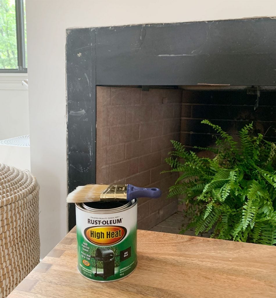 florida-fireplace-high-heat-paint-can-950x1024-1 Can of Rust-Oleum High Heat black paint sitting in front of fireplace