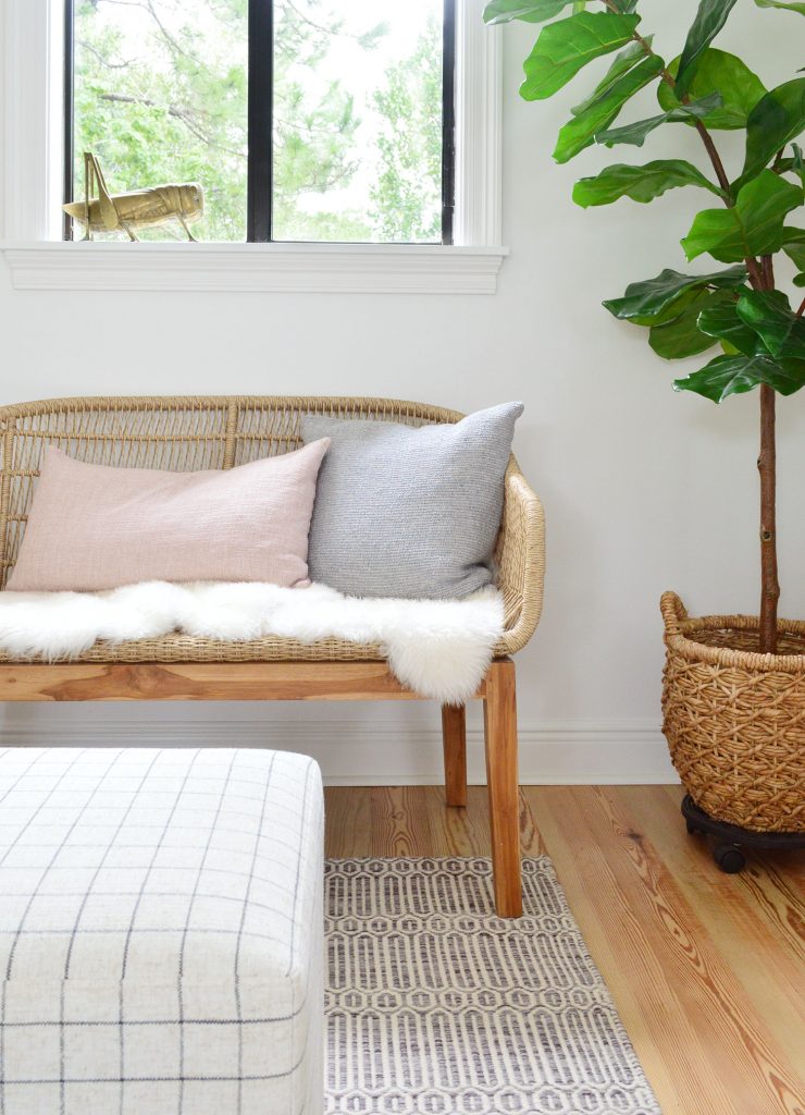 florida-living-room-bench-detail-straight-740x1024-1 Front View Of Woven Bench With Fluffy Base Pillows And Fig Tree