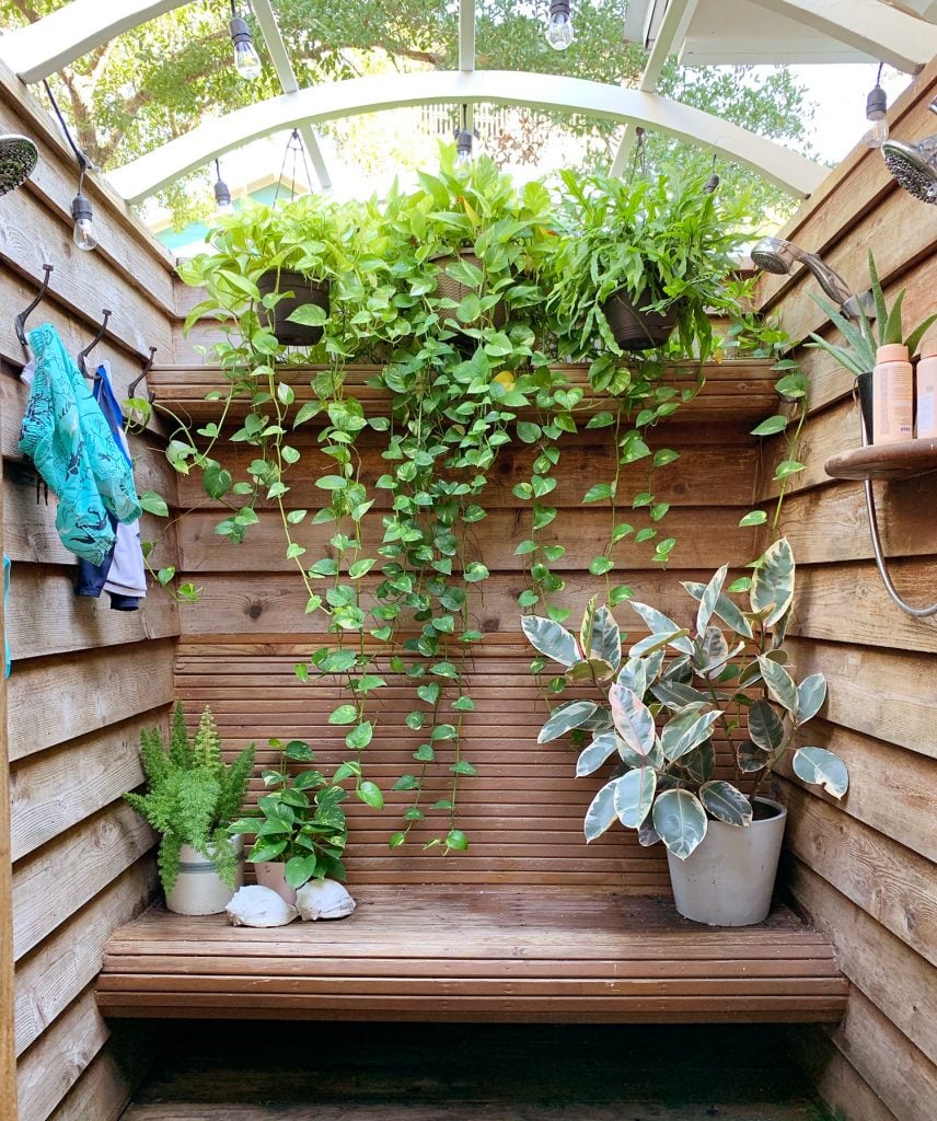 front-porch-fall-outdoor-shower-856x1024-2 Wood Outdoor Shower With Cascading Planters And Bench