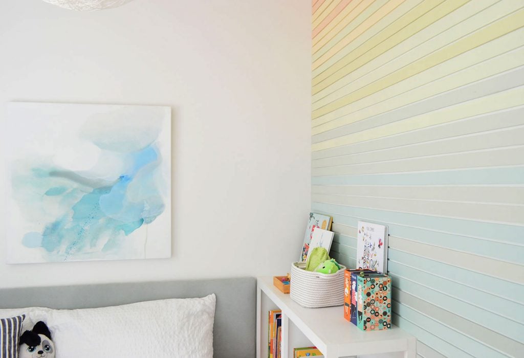 gradient-stripe-wall-from-door-horizontal-angle-1024x700-1 Abstract Blue Painting Next To Rainbow Stripe Wall Treatment