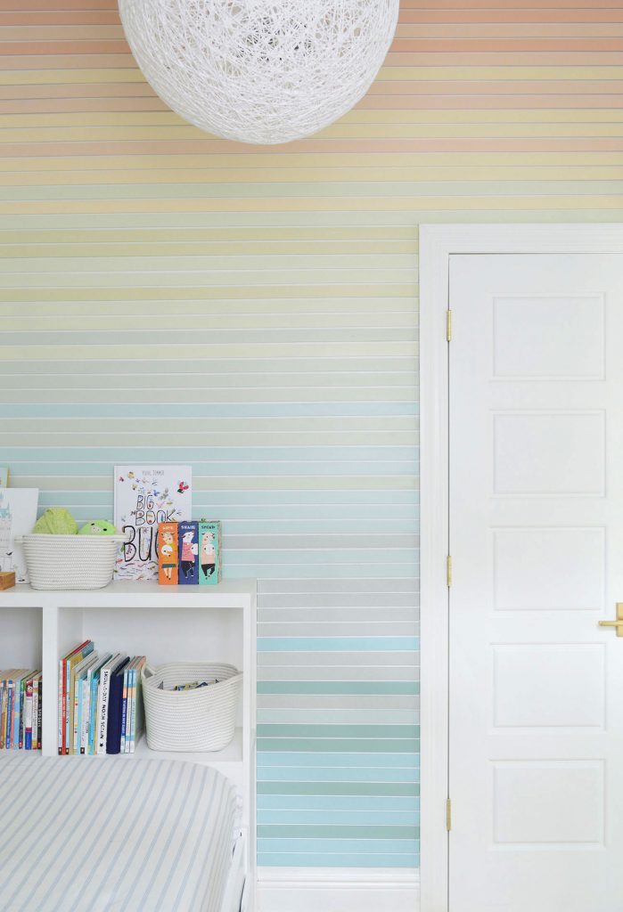 gradient-stripe-wall-full-straight-699x1024-1 Floor To Ceiling View Straight On Of Colorful Stripe Wall Molding Treatment