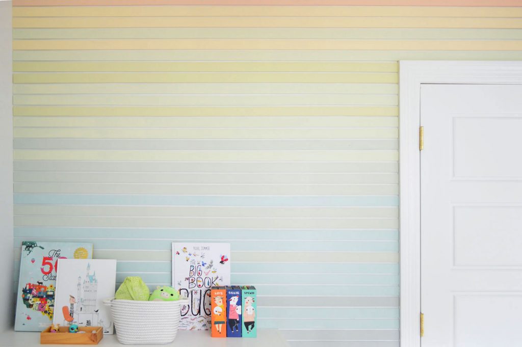 gradient-stripe-wall-straight-all-stripes-horizontal-1024x681-1 Wide View Of Colorful Stripe Wall Treatment Going Around Bookcase And Closet Door