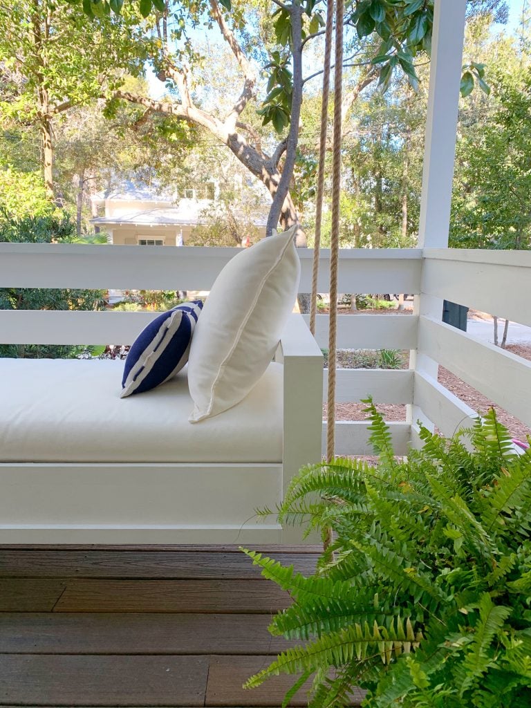 hanging-daybed-vertical-detail-768x1024-1 Side View Of Finished White Hanging Daybed With Cream Cushion