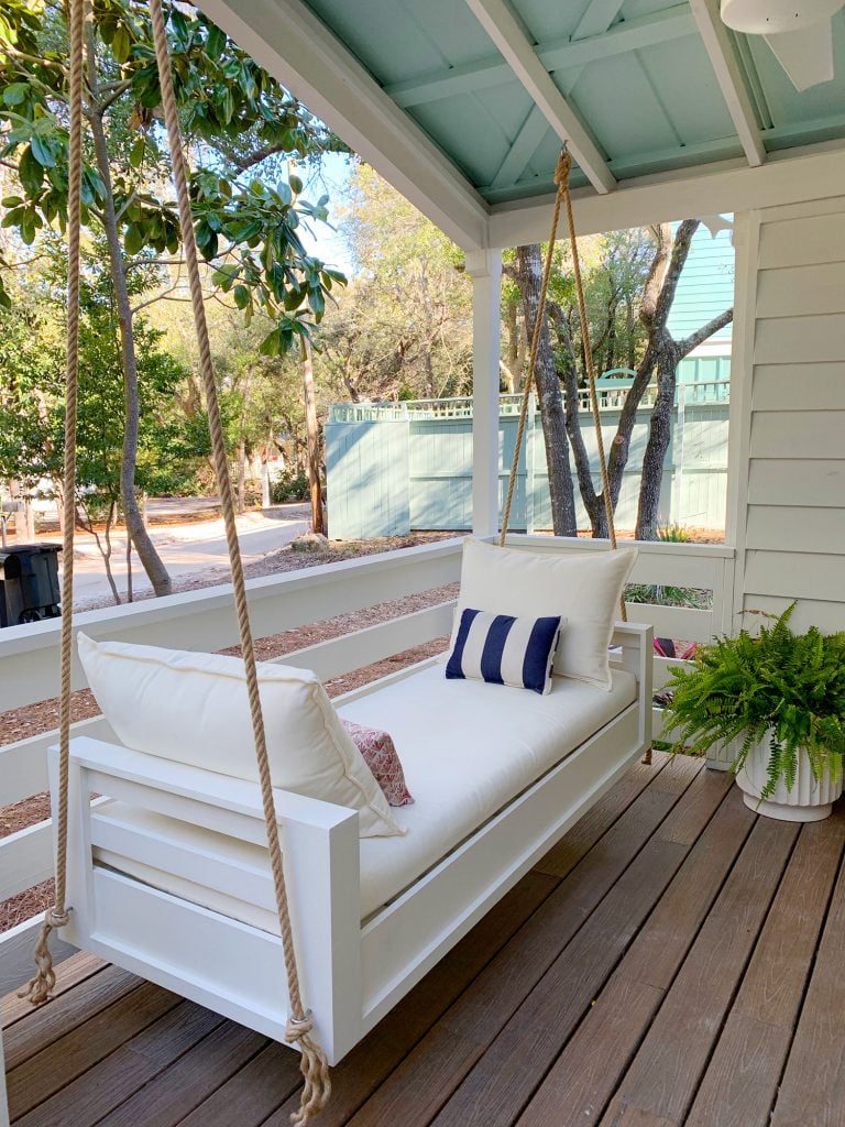 hanging-daybed-vertical-finished-photo-from-side-768x1024-1 Angled View Of Finished Outdoor Hanging Daybed With White Cushions