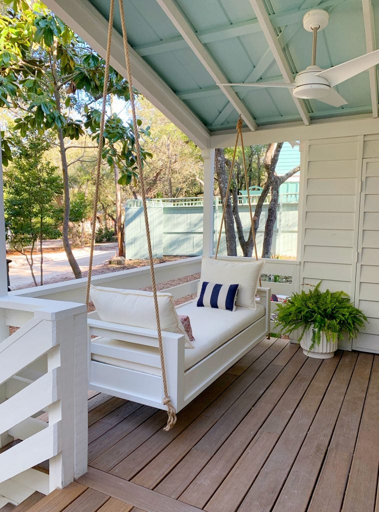 hanging-daybed-vertical-wider-after-shot-758x1024-1 Angled View Of Finished Outdoor Hanging Daybed With White Cushions
