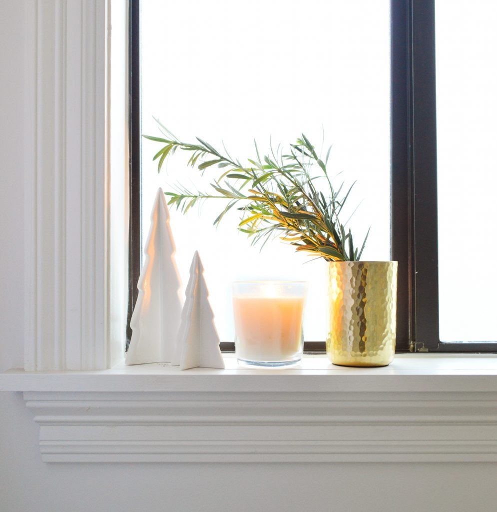 holiday-decor-2020-bathroom-window-ledge-995x1024-1 White Ceramic Trees With Candle And Gold Vase On Bathroom Window Sill