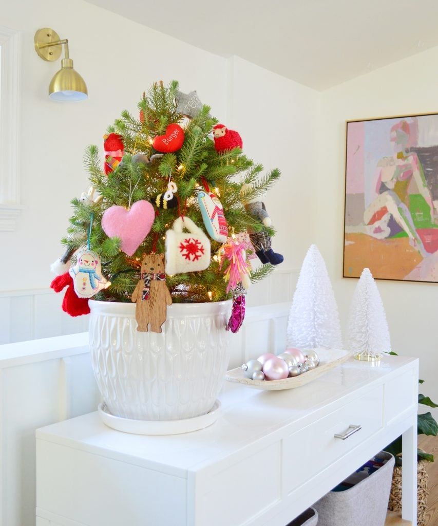 holiday-decor-2020-tabletop-tree-side-853x1024-1 Small Tabletop Tree In White Pot With Colorful Ornaments