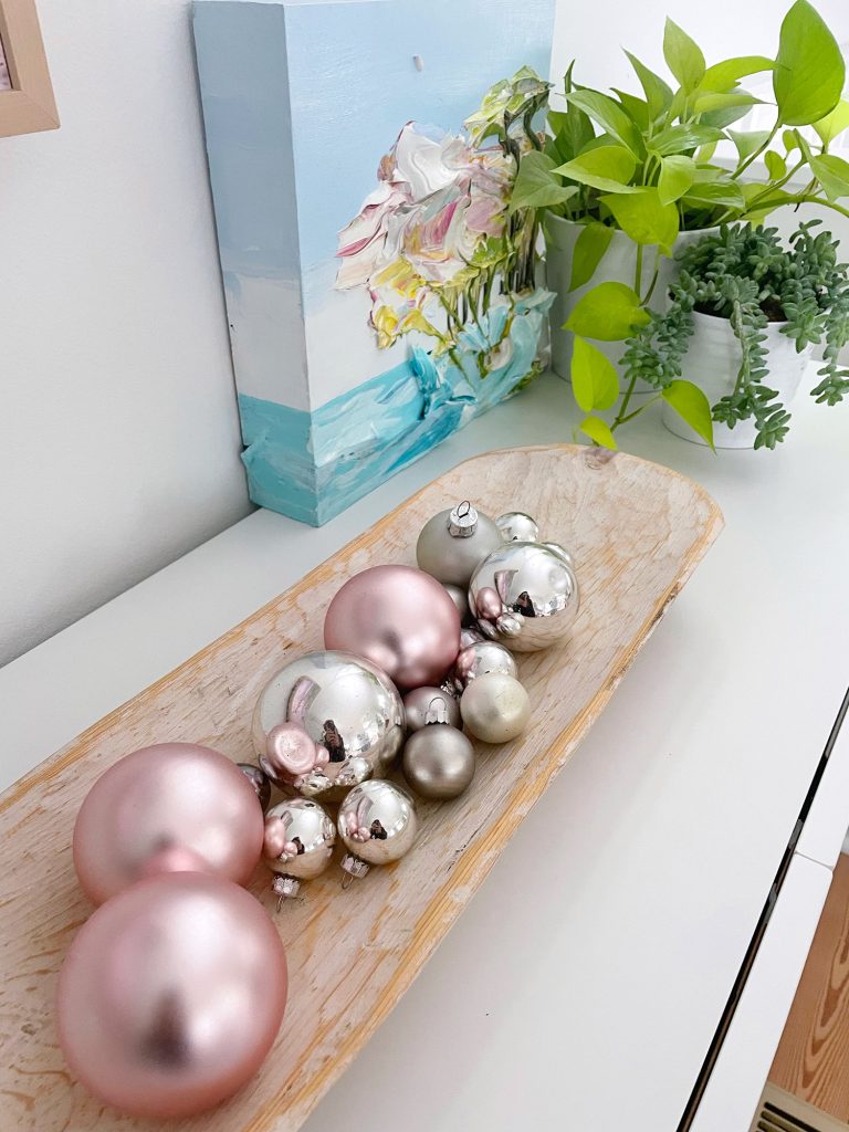 holiday-house-dough-bowl-ornaments-768x1024-1 Detail of tabletop ornament bowl on media console
