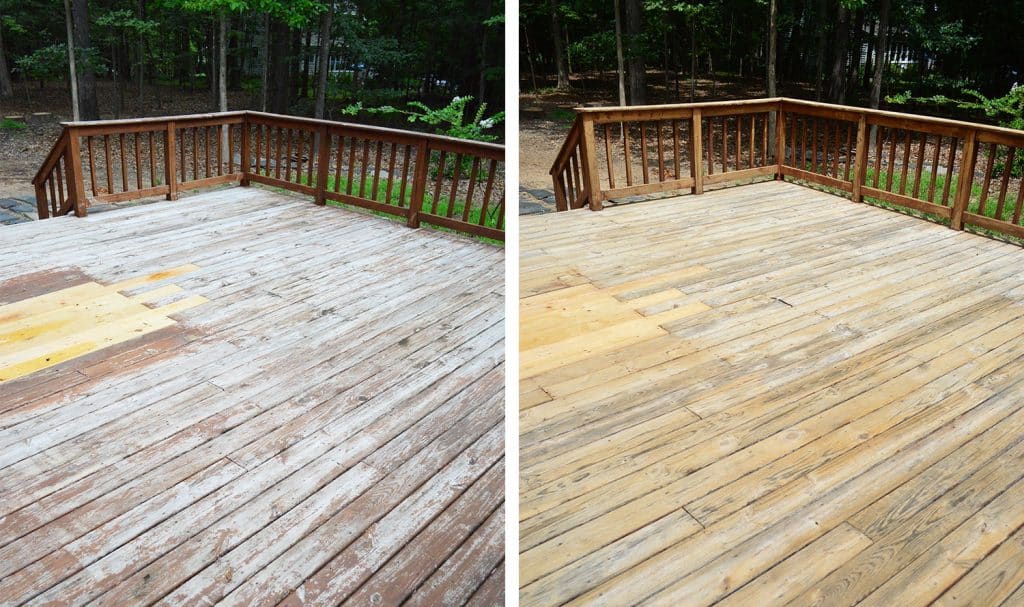 how-to-strip-a-deck-before-after-1024x607-1 Side by Side of old wood deck before and after stain was stripped