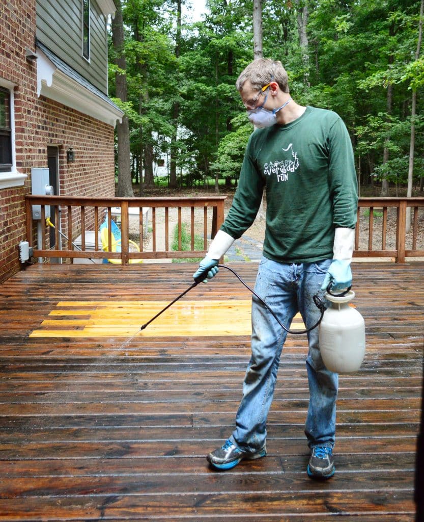 how-to-strip-a-deck-john-spraying-cleaner-833x1024-1 John using pump sprayer to apply deck cleaner brightener