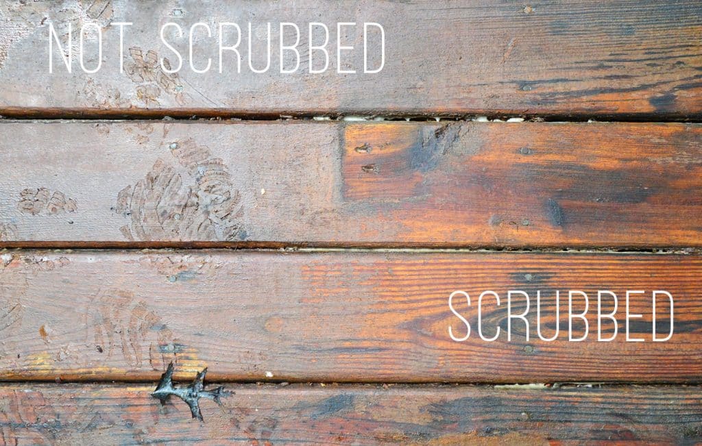 how-to-strip-a-deck-not-scrubbed-detail-1024x651-1 Close up on scrubbed area of deck with finish removed