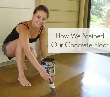 how-we-stained-our-concrete-floor how to stain a concrete floor in a sunroom using Behr concrete stain and a paintbrush