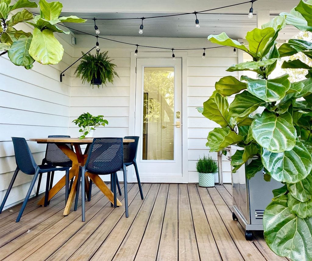kitchen-porch-after-towards-door-close-1024x857-1 Covered kitchen porch with round dining table string lights hanging fern and grill