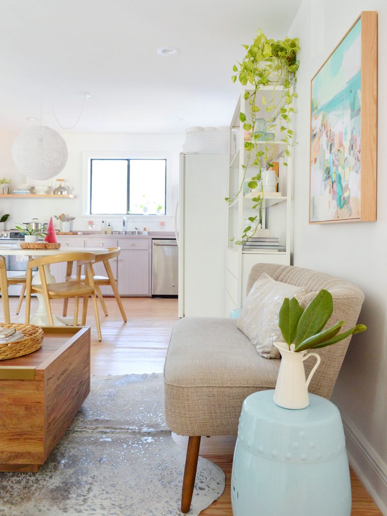 kitchen-split-shelves-view-from-bedroom-768x1024-1 Walking space between settee and coffee table leading to kitchen