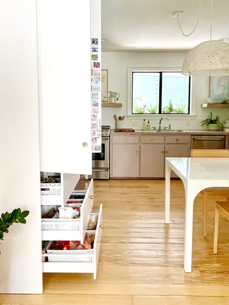 kitchen-update-drawers-doors-open-768x1024-1 Ikea Built-In Pantry With Lower Drawers Open to Show Walking Space