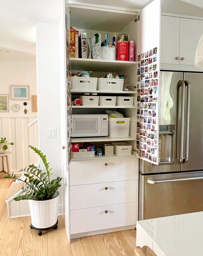 kitchen-update-ikea-pantry-open-813x1024-1 Ikea Kitchen Built-In Pantry With Doors Open to Show Shelf Organization With Baskets