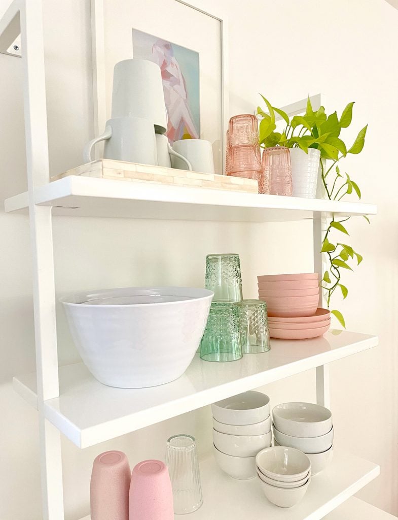 kitchen-update-shelf-detail-785x1024-1 Detail View Of CB2 Floating Ladder Bookcase With Kitchenware On It