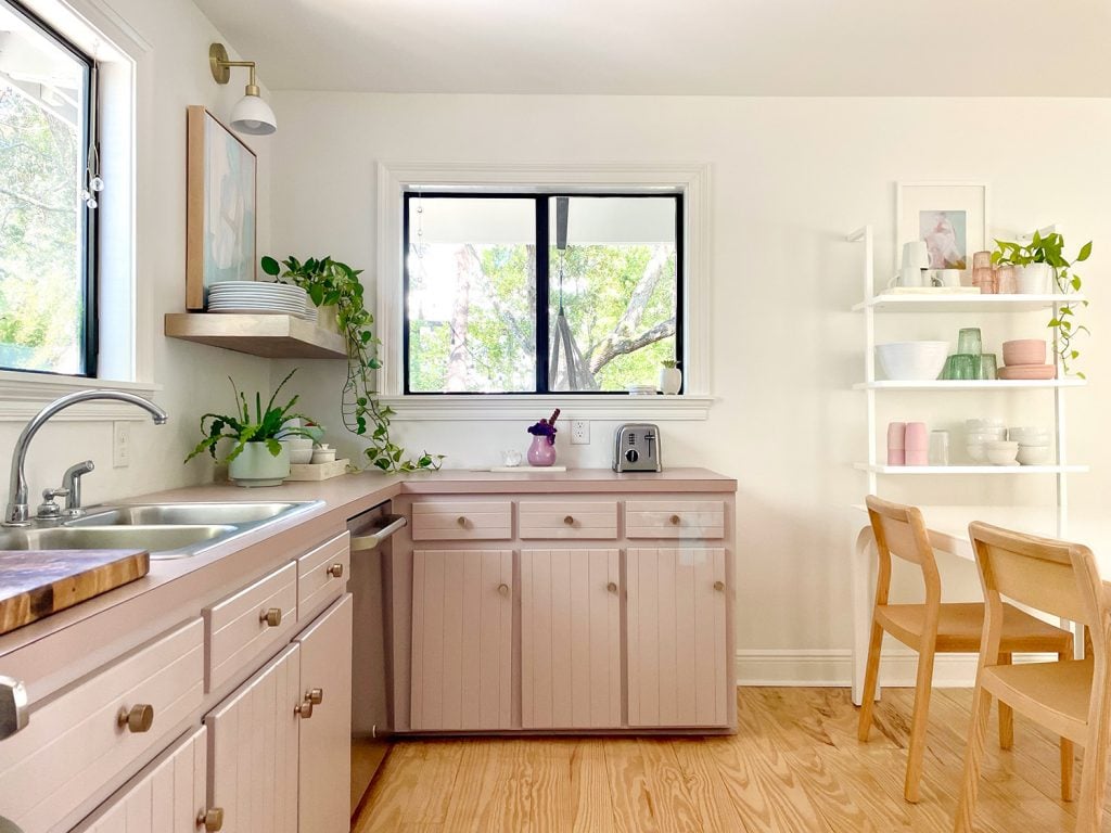 kitchen-update-side-window-with-table-on-right-1024x768-2 Mauve Painted Kitchen Cabinets With View Through Window And Open Shelves