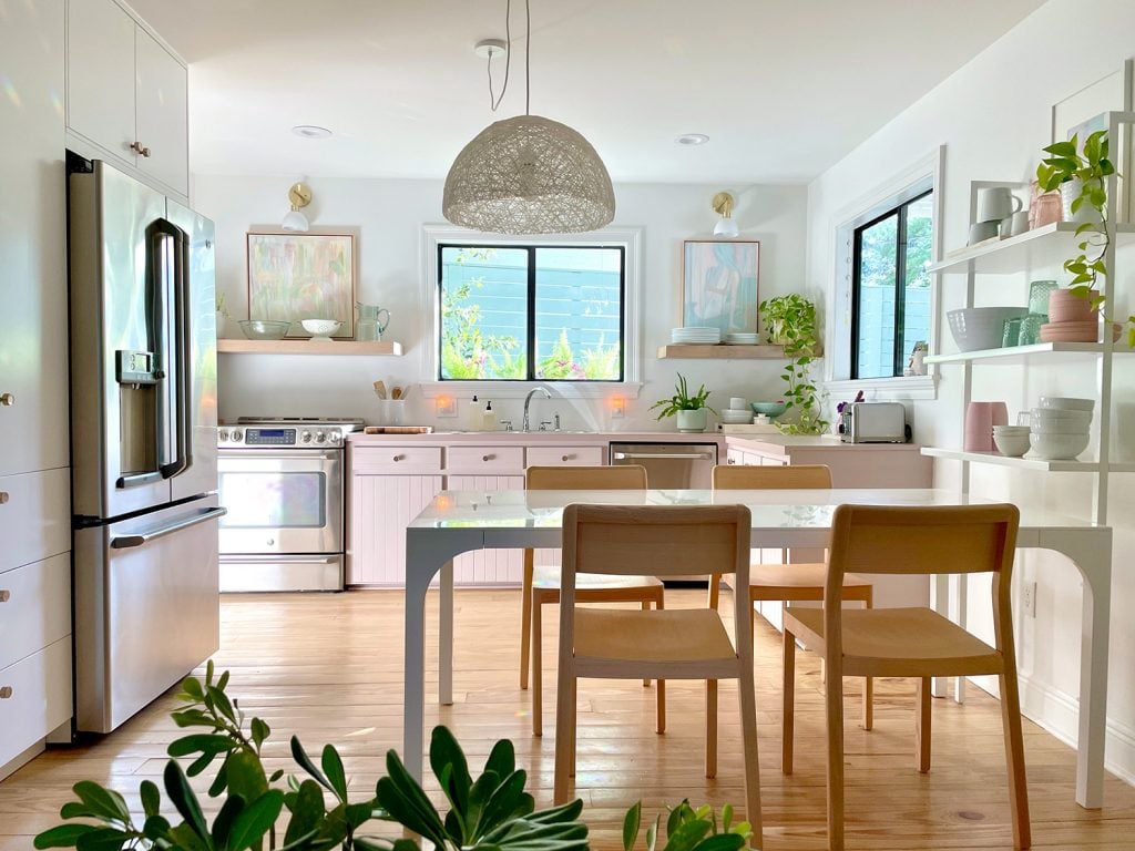kitchen-update-wide-shot-from-loveseat-1024x768-1 Closer View Of Beachy Kitchen From Sitting Area With Dining Table And Built In Pantry