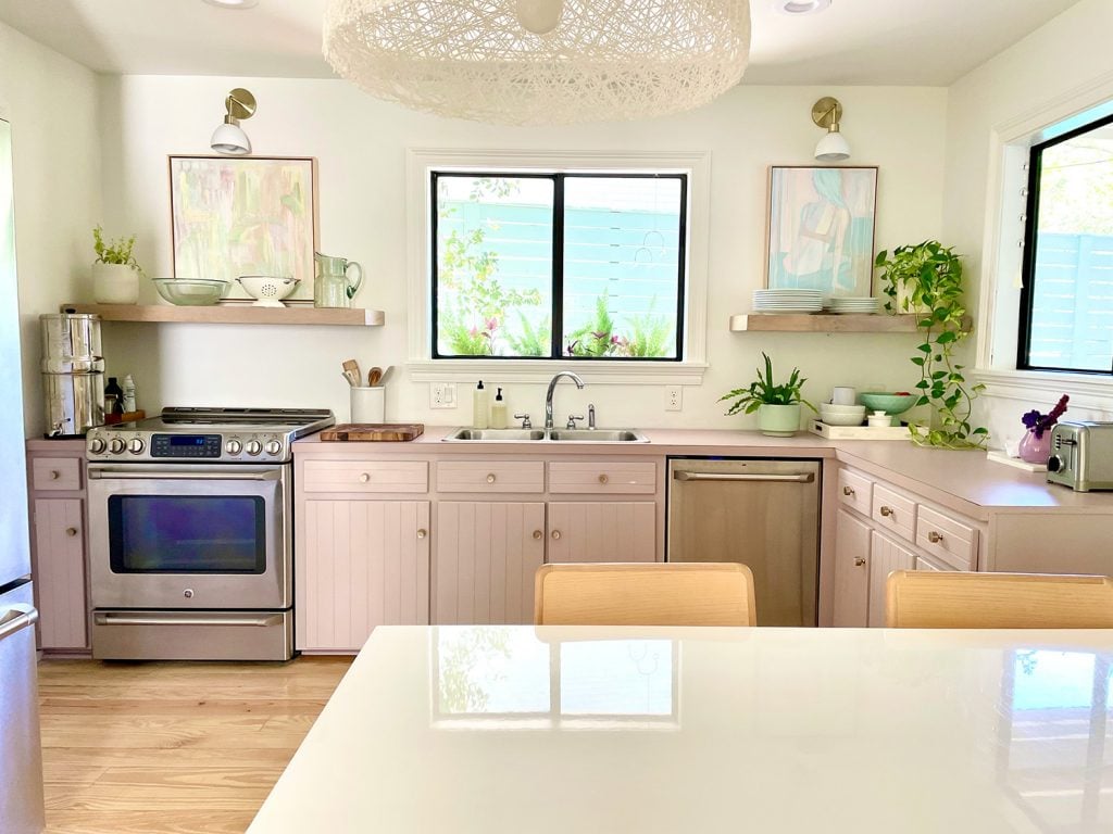 kitchen-update-widw-shot-of-sink-1024x768-1 Straight View Of Beach Kitchen With Pink Mauve Cabinets And Floating Shelves