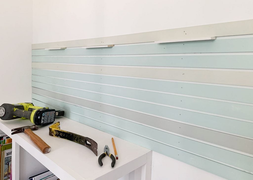 rainbow-stripe-wall-first-section-done-1024x729-1 First Section Of Painted Wood Lattice Strips Attached To Wall Using Spacers