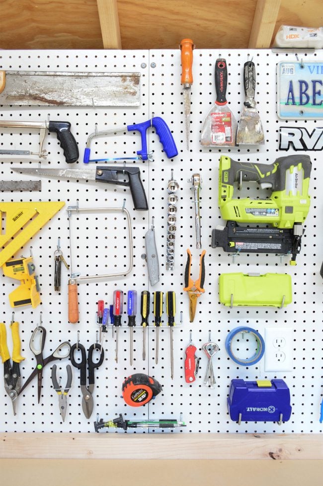 shed-storage-pegboard-detail-650x978-1 shed storage ideas white pegboard with tools