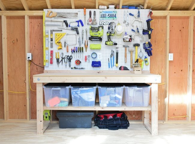 shed-storage-pegboard-workbench-far-650x478-1 shed storage ideas tool workbench with pegboards